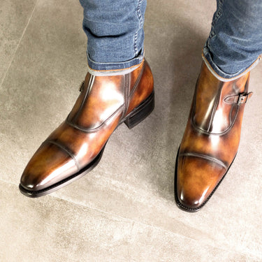 DapperFam Octavian in Fire Men's Hand-Painted Patina Buckle Boot in #color_