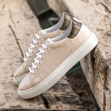 DapperFam Rivale in Nude / Olive Men's Italian Croco Embossed Leather Trainer in #color_