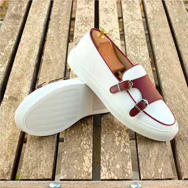 DapperFam Riviera in White / Burgundy Men's Italian Leather Monk Sneaker in #color_