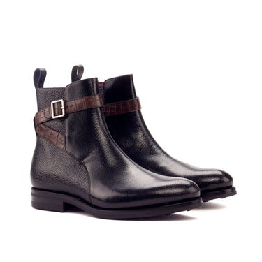 DapperFam Rohan in Black / Dark Brown Men's Italian Embossed & Pebble Grain Leather Jodhpur Boot in Black / Dark Brown #color_ Black / Dark Brown