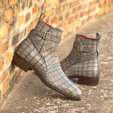 DapperFam Rohan in Grey Men's Italian Croco Embossed Leather Jodhpur Boot in #color_