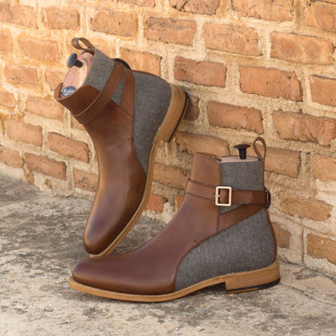 DapperFam Rohan in Med Brown / Light Grey Men's Flannel & Italian Leather Jodhpur Boot in #color_