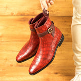 DapperFam Rohan in Red / Burgundy Men's Italian Croco Embossed Leather Jodhpur Boot in #color_