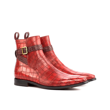 DapperFam Rohan in Red / Burgundy Men's Italian Croco Embossed Leather Jodhpur Boot in Red / Burgundy #color_ Red / Burgundy