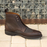 DapperFam Valiant in Dark Brown / Dark Grey Men's Flannel & Italian Pebble Grain Leather Military Brogue in #color_