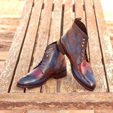 DapperFam Valiant in Denim / Burgundy Men's Hand-Painted Patina Military Brogue in #color_