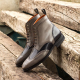 DapperFam Valiant in Grey / Black Men's Italian Leather Military Brogue in #color_