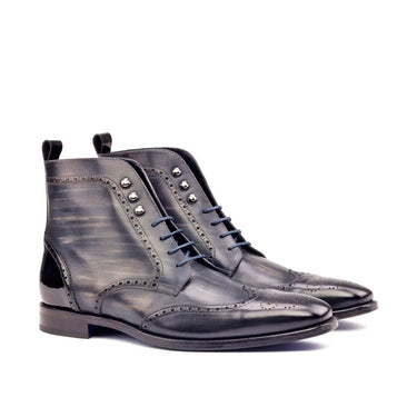 DapperFam Valiant in Grey / Black Men's Italian Patent Leather & Hand-Painted Patina Military Brogue in Grey / Black #color_ Grey / Black