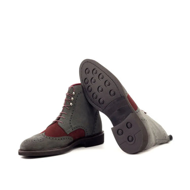 DapperFam Valiant in Grey / Burgundy Men's Lux Suede Military Brogue in #color_