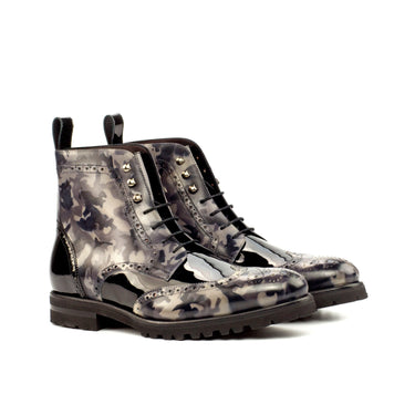 DapperFam Valiant in Grey Camo / Black Men's Italian Patent Leather & Hand-Painted Patina Military Brogue in Grey Camo / Black #color_ Grey Camo / Black