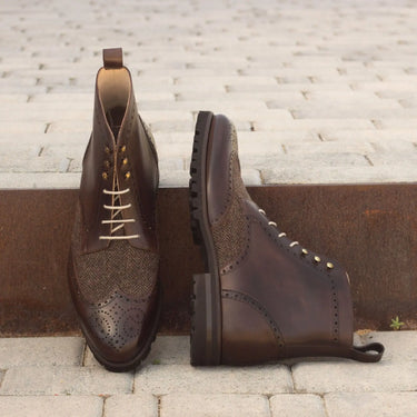 DapperFam Valiant in Herringbone / Dark Brown Men's Sartorial & Italian Leather Military Brogue in #color_