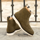 DapperFam Valiant in Khaki Men's Lux Suede Military Brogue in #color_