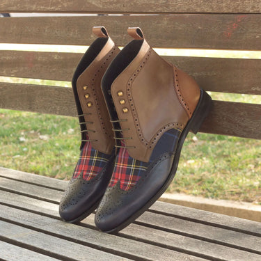 DapperFam Valiant in Tartan / Med Brown / Navy / Olive Men's Sartorial & Italian Leather Military Brogue in #color_