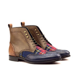 DapperFam Valiant in Tartan / Med Brown / Navy / Olive Men's Sartorial & Italian Leather Military Brogue in Tartan / Med Brown / Navy / Olive #color_ Tartan / Med Brown / Navy / Olive