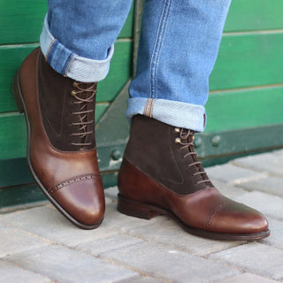 DapperFam Vittorio in Dark Brown Men's Lux Suede & Italian Leather Balmoral Boot in Dark Brown #color_ Dark Brown