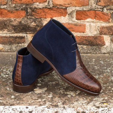 DapperFam Vivace in Dark Brown / Navy Men's Italian Croco Embossed Leather & Italian Suede Chukka in #color_