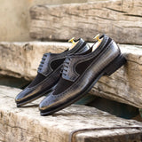 DapperFam Zephyr in Black / Grey Men's Italian Suede & Hand-Painted Patina Longwing Blucher in #color_