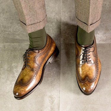 DapperFam Zephyr in Cognac Men's Hand-Painted Patina Longwing Blucher in #color_