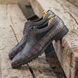 DapperFam Zephyr in Grey / Black Men's Italian Croco Embossed Leather Longwing Blucher in #color_