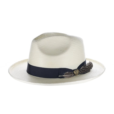 Dobbs Arlo Shantung Toyo Fedora with Brim Curl in Natural / Navy #color_ Natural / Navy