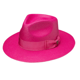 Dobbs Estate (Straw) Shantung Straw Wide Brim Fedora in Fuschia #color_ Fuschia