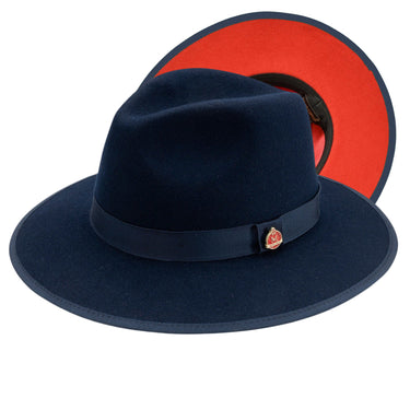 Montique Imperial Wide Brim Wool Red Bottom Fedora in Navy Blue Red #color_ Navy Blue Red