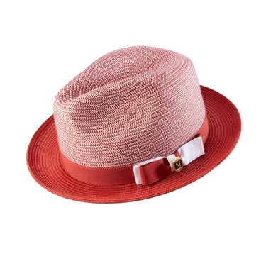 Montique Landon Two-Toned Polybraid Straw Fedora in Crimson #color_ Crimson