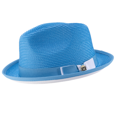 Montique Charleston White Bottom Polybraid Straw Fedora in Aqua / White #color_ Aqua / White