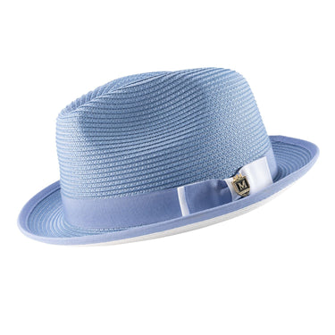 Montique Charleston White Bottom Polybraid Straw Fedora in Chambray / White #color_ Chambray / White