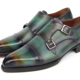 Paul Parkman Men's Cap Toe Double Monkstrap Shoes Green & Blue Patina in #color_