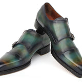 Paul Parkman Men's Cap Toe Double Monkstrap Shoes Green & Blue Patina in #color_