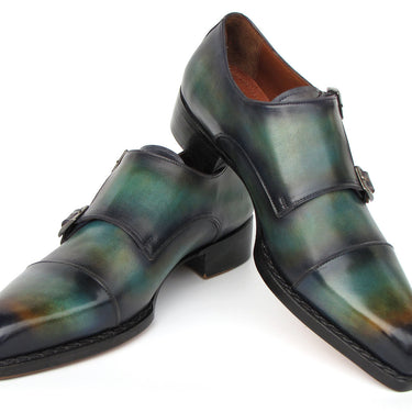 Paul Parkman Men's Cap Toe Double Monkstrap Shoes Green & Blue Patina in #color_