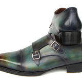 Paul Parkman Men's Cap Toe Double Monkstrap Shoes Green & Blue Patina in #color_