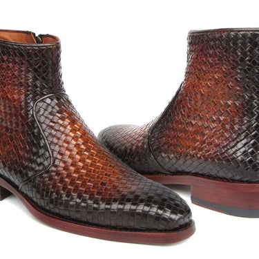 Paul Parkman Brown Burnished Woven Leather Zipper Boots in #color_