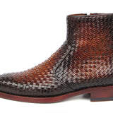 Paul Parkman Brown Burnished Woven Leather Zipper Boots in #color_