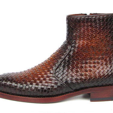 Paul Parkman Brown Burnished Woven Leather Zipper Boots in #color_