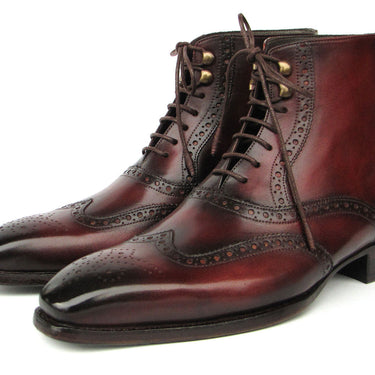 Paul Parkman Men's Bordeaux Burnished Leather Goodyear Welted Wingtip Boots in #color_