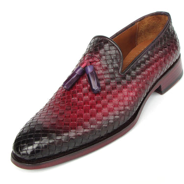 Paul Parkman Men's Woven Leather Tassel Loafers Burgundy in #color_