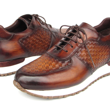 Paul Parkman Men's Brown Hand-Painted Woven Leather Sneakers in #color_