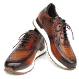 Paul Parkman Men's Brown Hand-Painted Woven Leather Sneakers in #color_