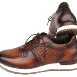 Paul Parkman Men's Brown Hand-Painted Woven Leather Sneakers in #color_