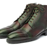 Paul Parkman Men's Green & Brown Hand-Painted Cap Toe Boots in #color_