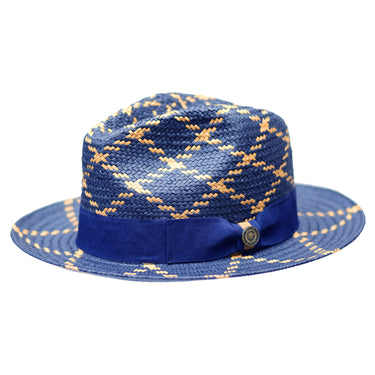 Bruno Capelo Malibu Cross-Stitch Shantung Straw Fedora in Navy Blue Cognac #color_ Navy Blue Cognac