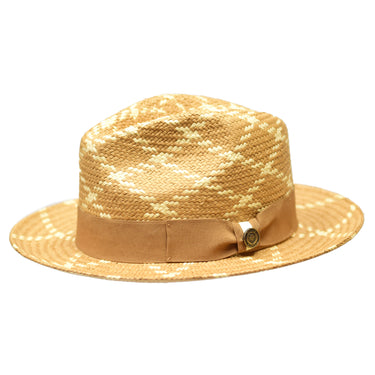 Bruno Capelo Malibu Cross-Stitch Shantung Straw Fedora in Cognac Natural #color_ Cognac Natural