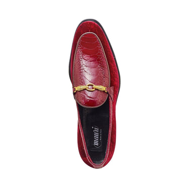 Mauri Baron in Ruby Red Mens Velvet Embossed / Ostrich Leg Horsebit Loafers in #color_