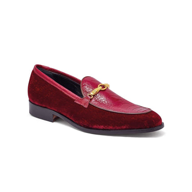 Mauri Baron in Ruby Red Mens Velvet Embossed / Ostrich Leg Horsebit Loafers in #color_