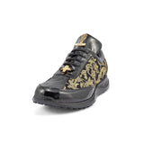 Mauri Blunt in Black & Gold Mens Exotic Crocodile / Didier Fabric / Patent Leather Casual Sneakers in #color_