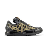 Mauri Blunt in Black & Gold Mens Exotic Crocodile / Didier Fabric / Patent Leather Casual Sneakers in Black Gold #color_ Black Gold