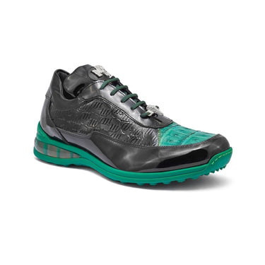 Mauri Bubble in Black / Leaf Green Mens Exotic Crocodile / Patent Embossed Leather Casual Sneakers in Black Leaf Green #color_ Black Leaf Green