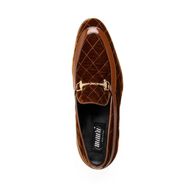 Mauri Allure in Cognac Mens Quilted Velvet / Patent Leather Slip-on Horsebit Loafers in #color_